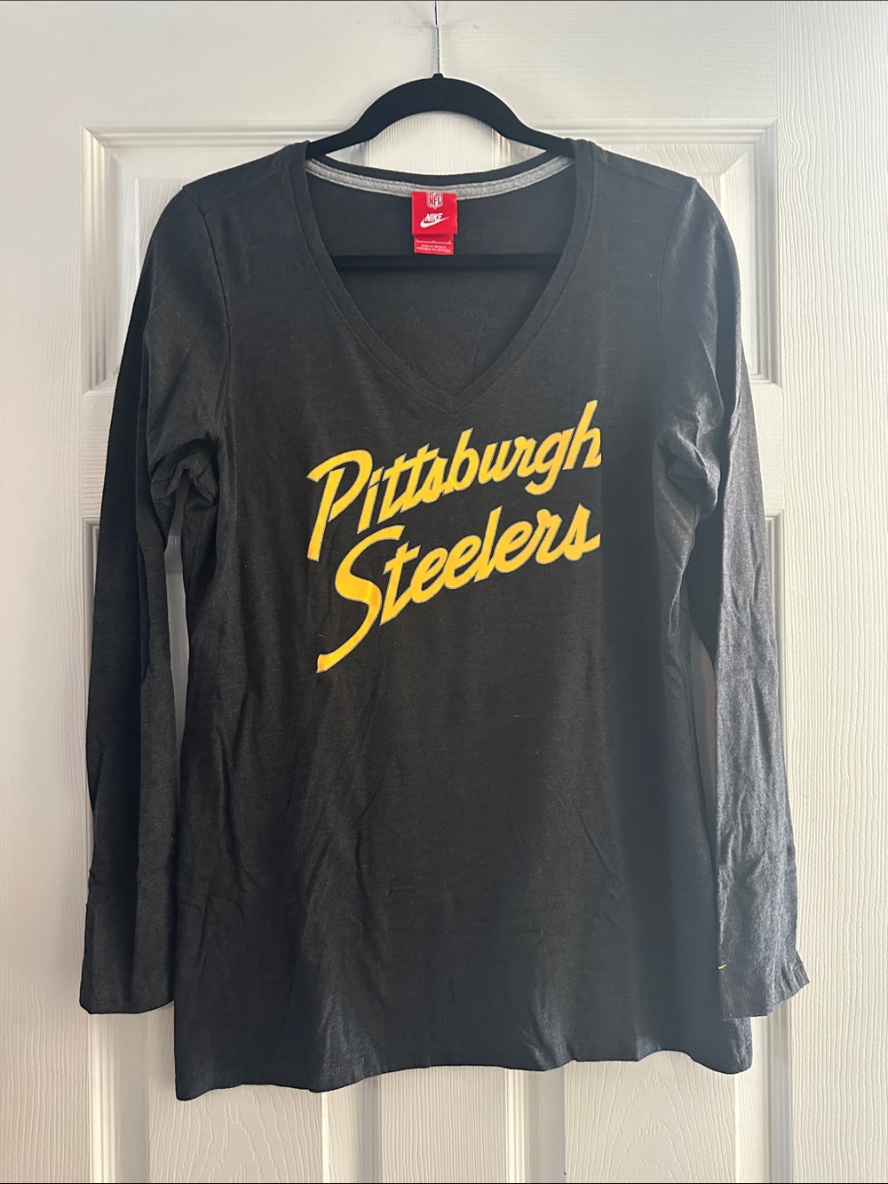 Nike Black Long Sleeve V-Neck with Yellow Pittsburgh Steelers Script